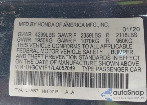 2020 Honda Accord Lx from USA, damaged, VIN 1HGCV1F17LA052049
